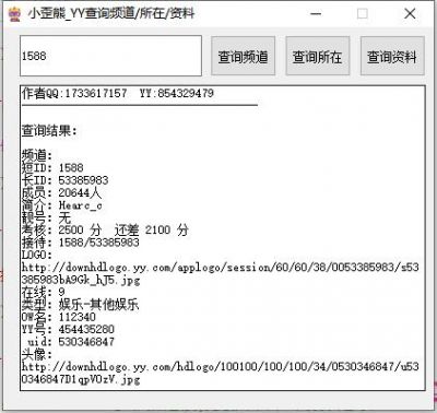 YY小歪熊一键查询所在频道/查询频道信息/查询资料